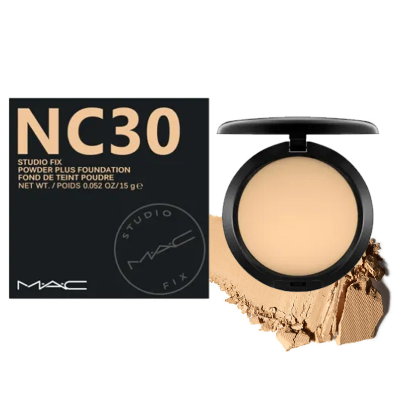 MAC Studio Fix Powder Plus Foundation NC30 compact in a sleek black case with mirror and puff, 15G