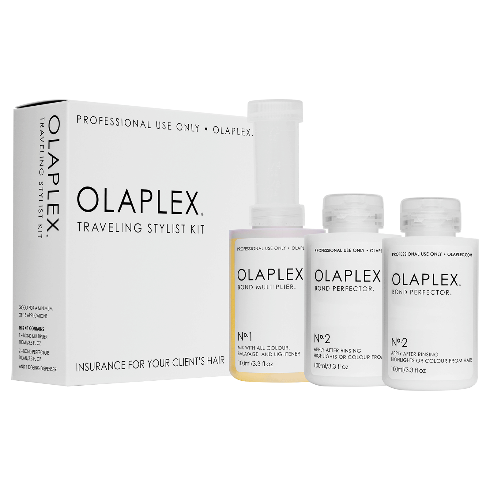 Olaplex Traveling Stylist Kit three 100ml bottles on a white background