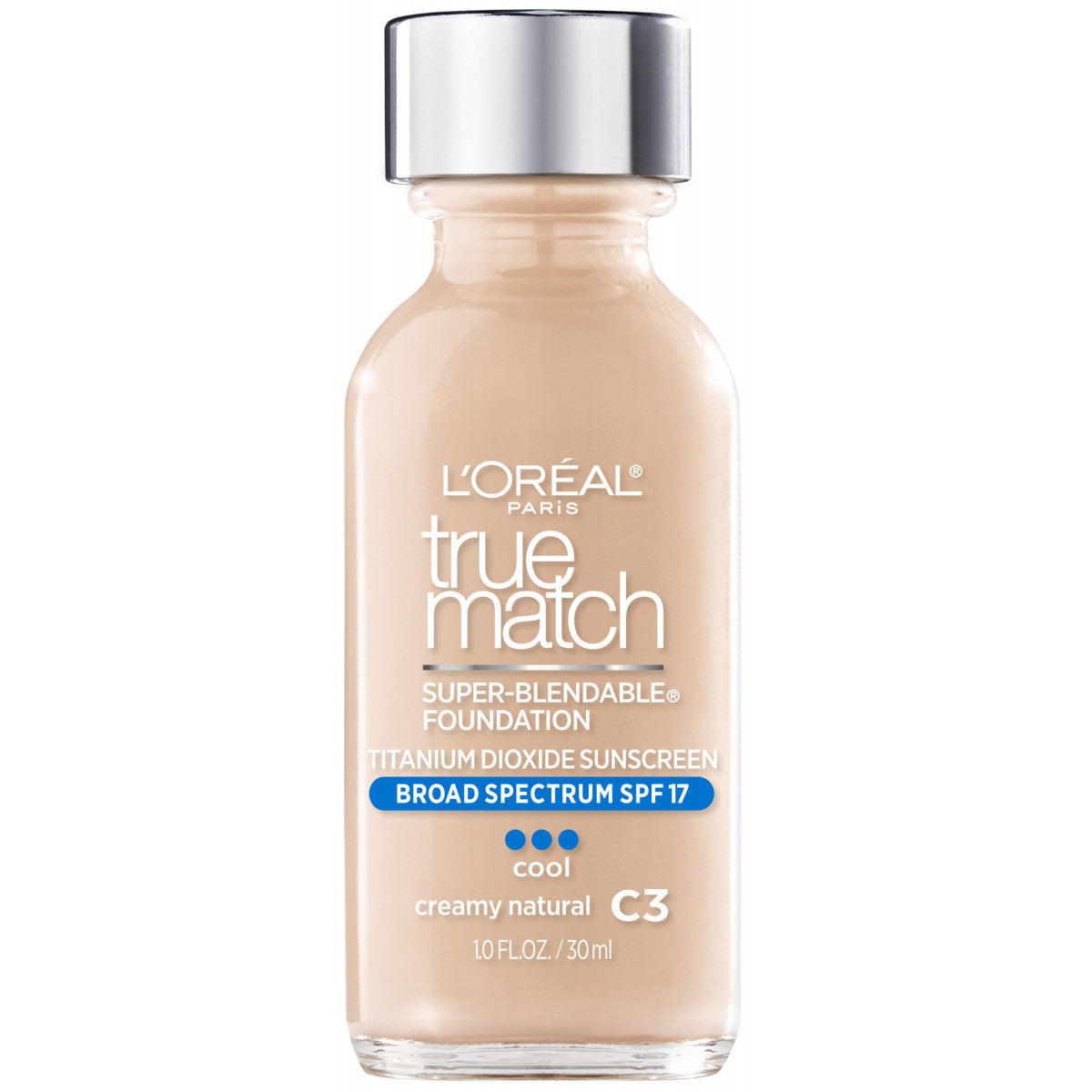 L'Oréal Paris True Match Foundation C3 Creamy Natural 30ml bottle on white background