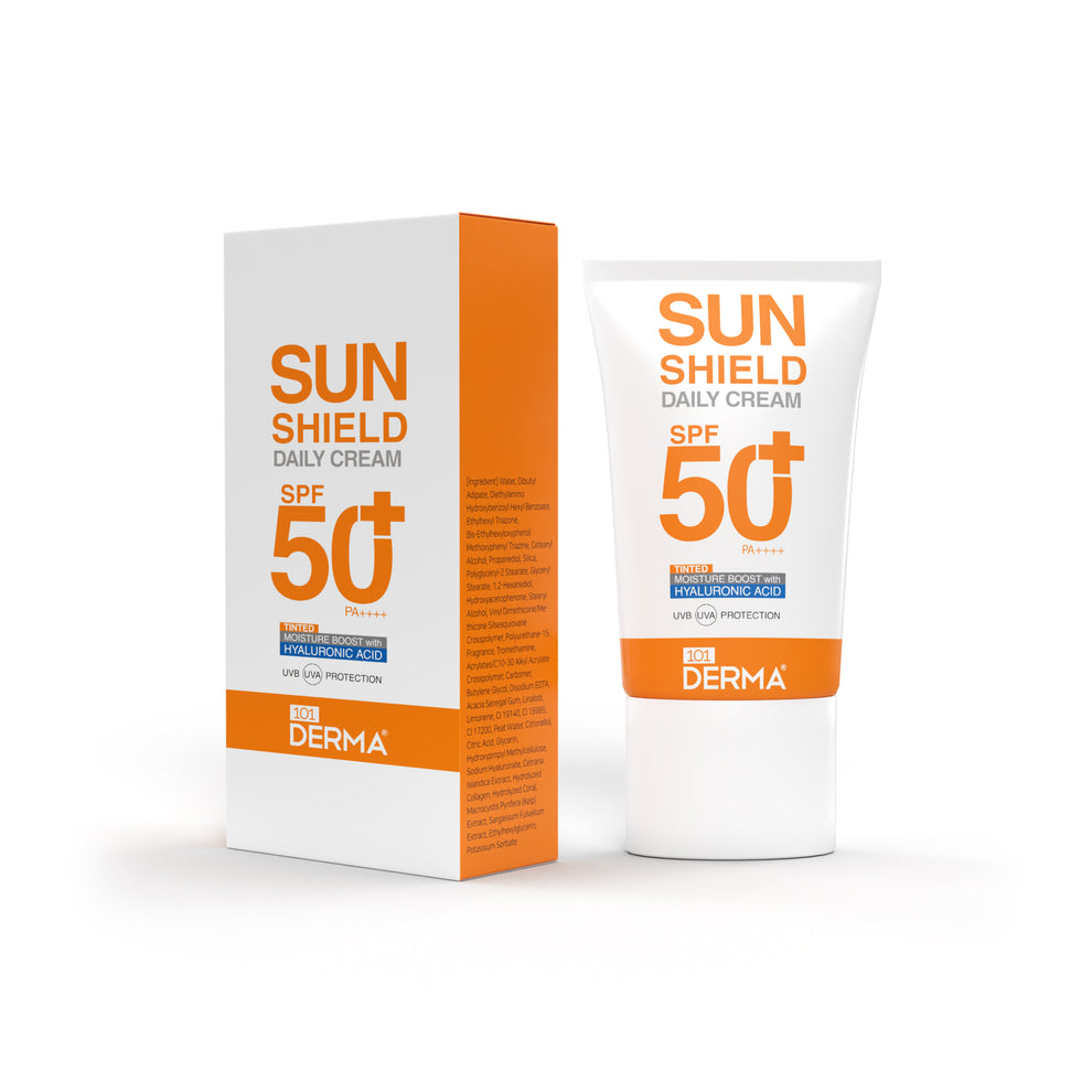 101 Derma Sun Shield Daily Cream SPF50+ Tinted tube on white background