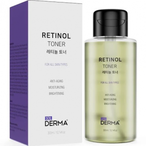101 Derma Retinol Toner in sleek white bottle with silver cap, close-up of product packaging on clean surface