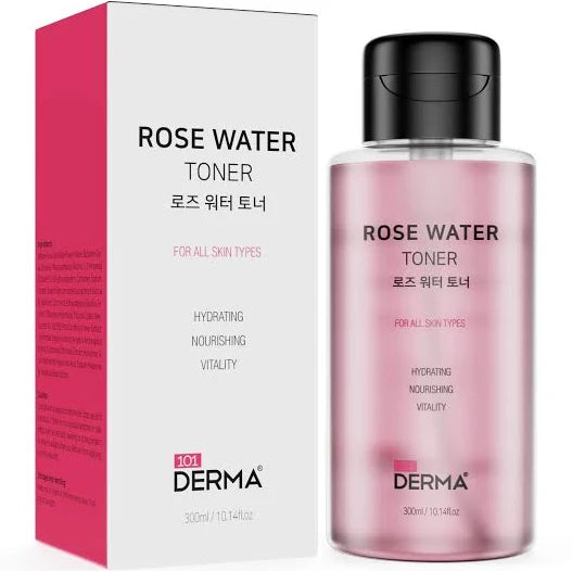 101 Derma Rose Water Toner in a clear bottle with pink label and rose motif