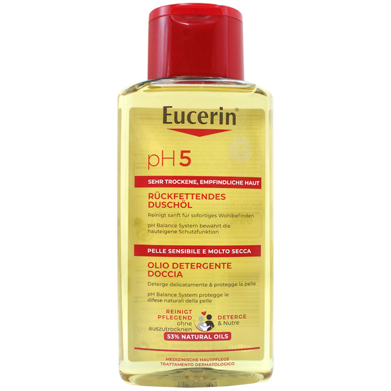 Eucerin pH5 Moisturizing Shower Oil 200ml bottle front view with blue label and white cap