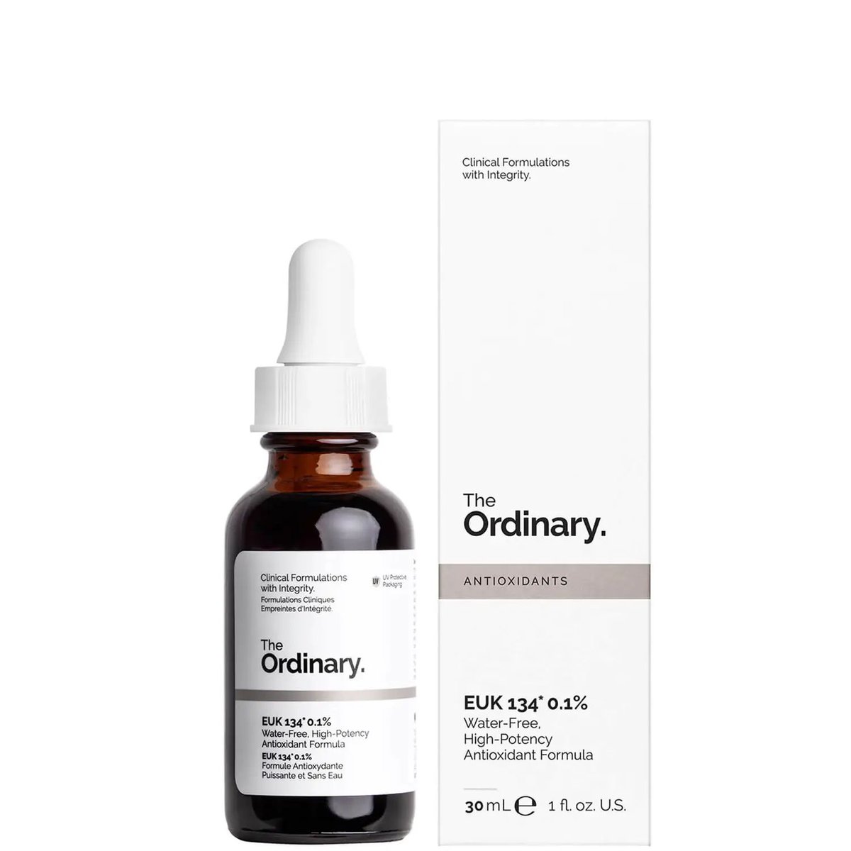 The Ordinary EUK 134 0.1% 30ml serum bottle against a clean white background, showing amber liquid and minimalist label.
