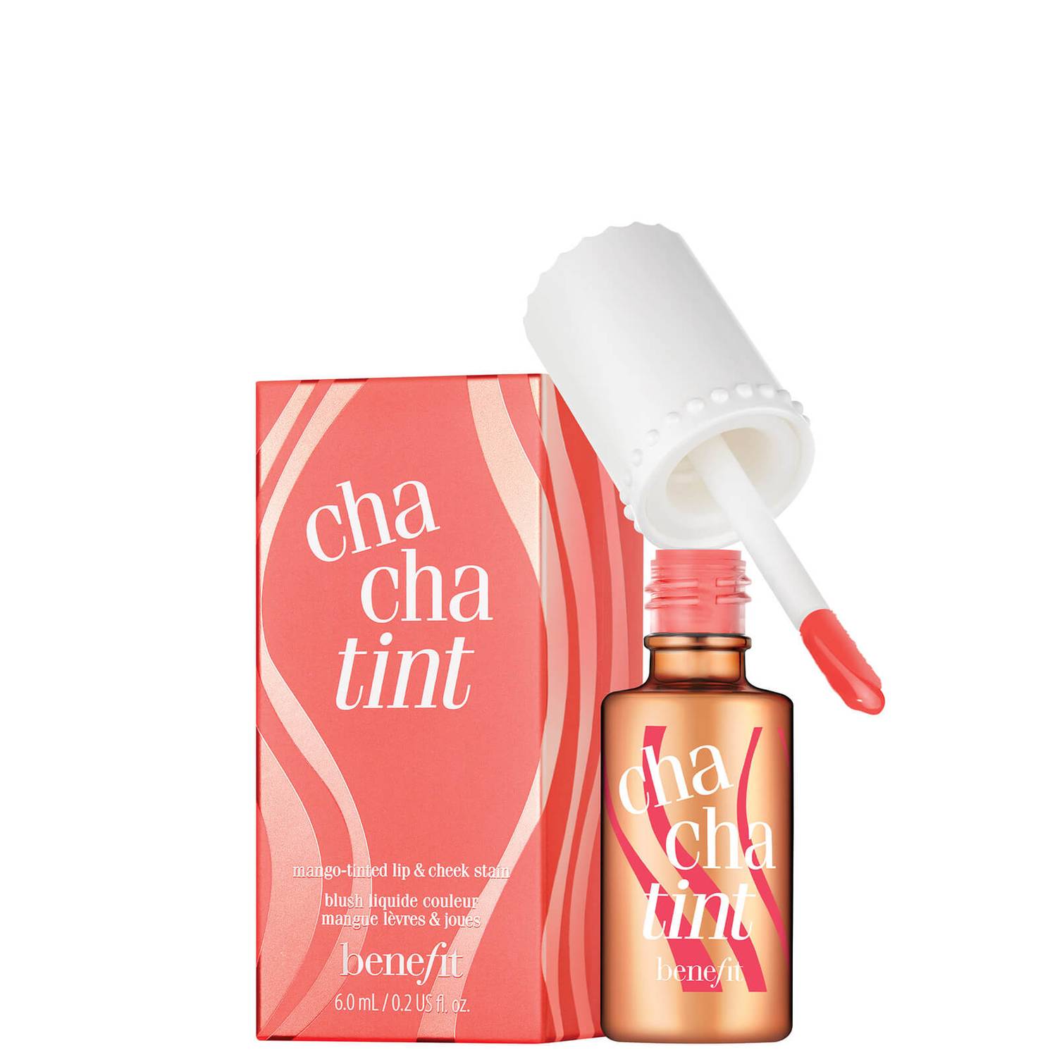 Benefit Chacha Tint Mango in its clear tube with a coral tint, perfect for on-the-go application.