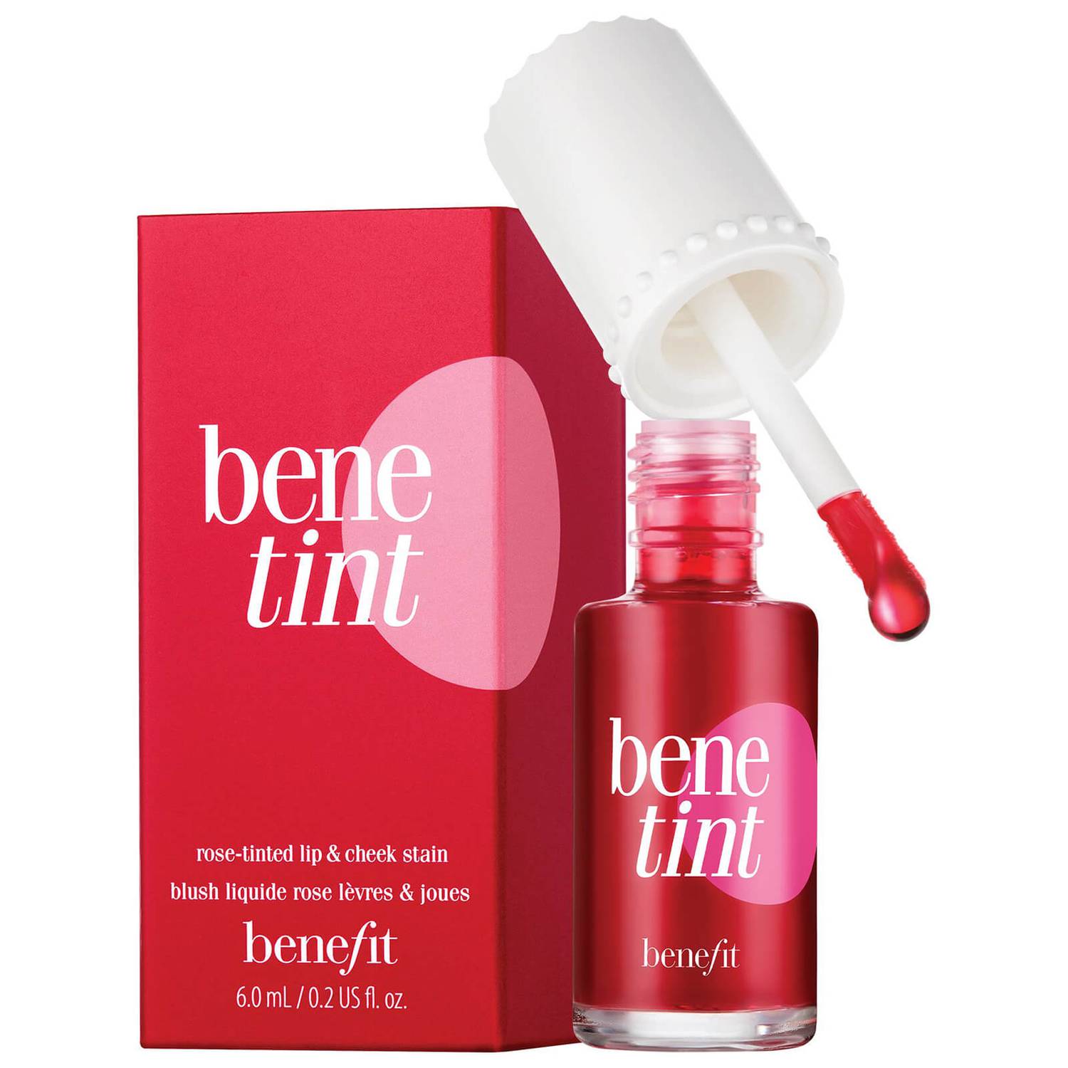 Benefit Benetint travel-size bottle with rose-tinted liquid stain, 6 ml, on white background