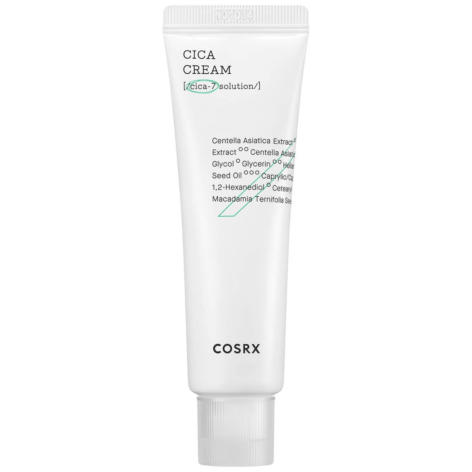 Cosrx Cica Cream in a white tube with green accents, 50ml size, standing upright