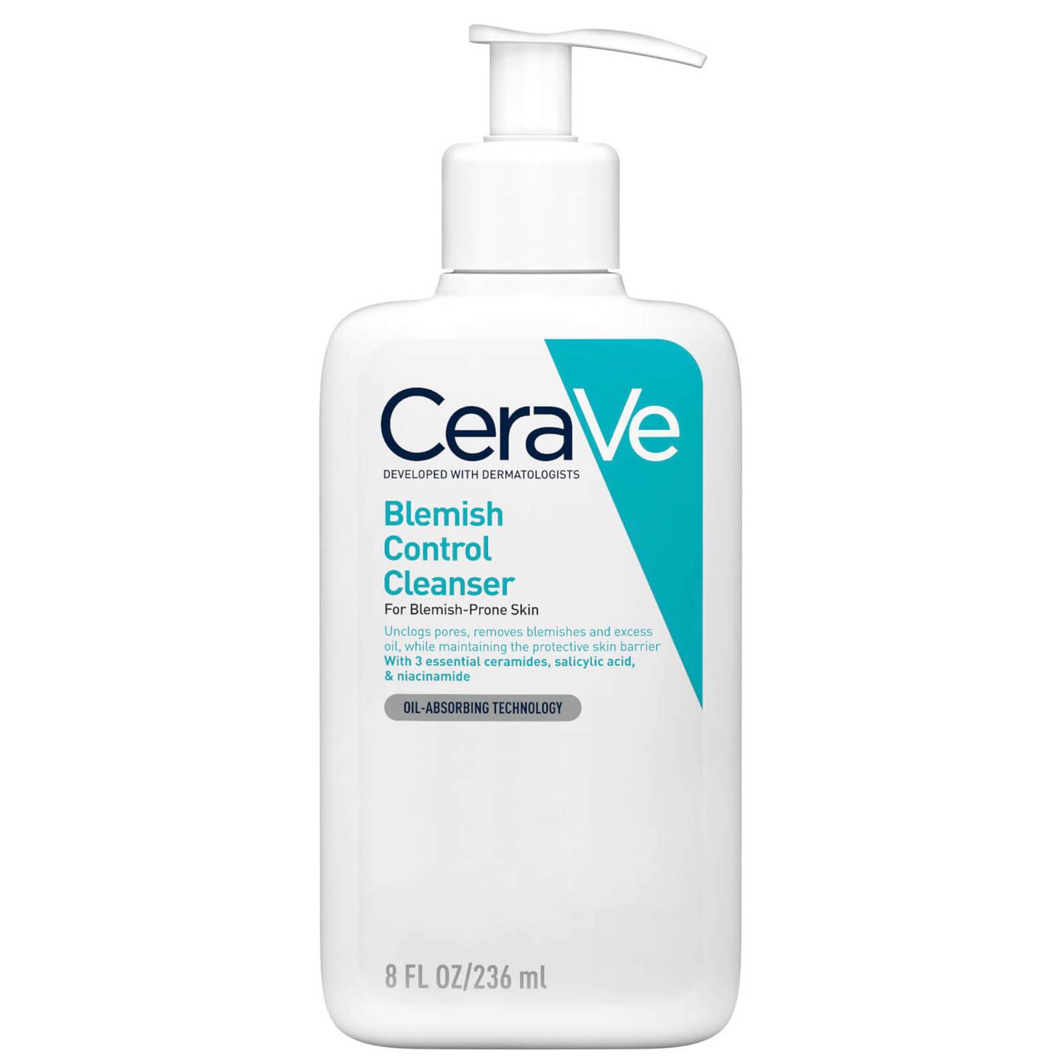 CeraVe Blemish Control Face Cleanser 236ml bottle front view with pump