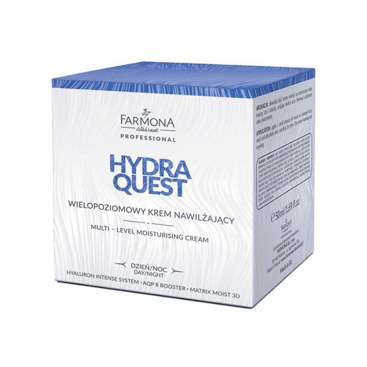 Farmona Hydra Quest Multi-Level Moisturizing Cream 50ml white jar with gold lid on clean surface