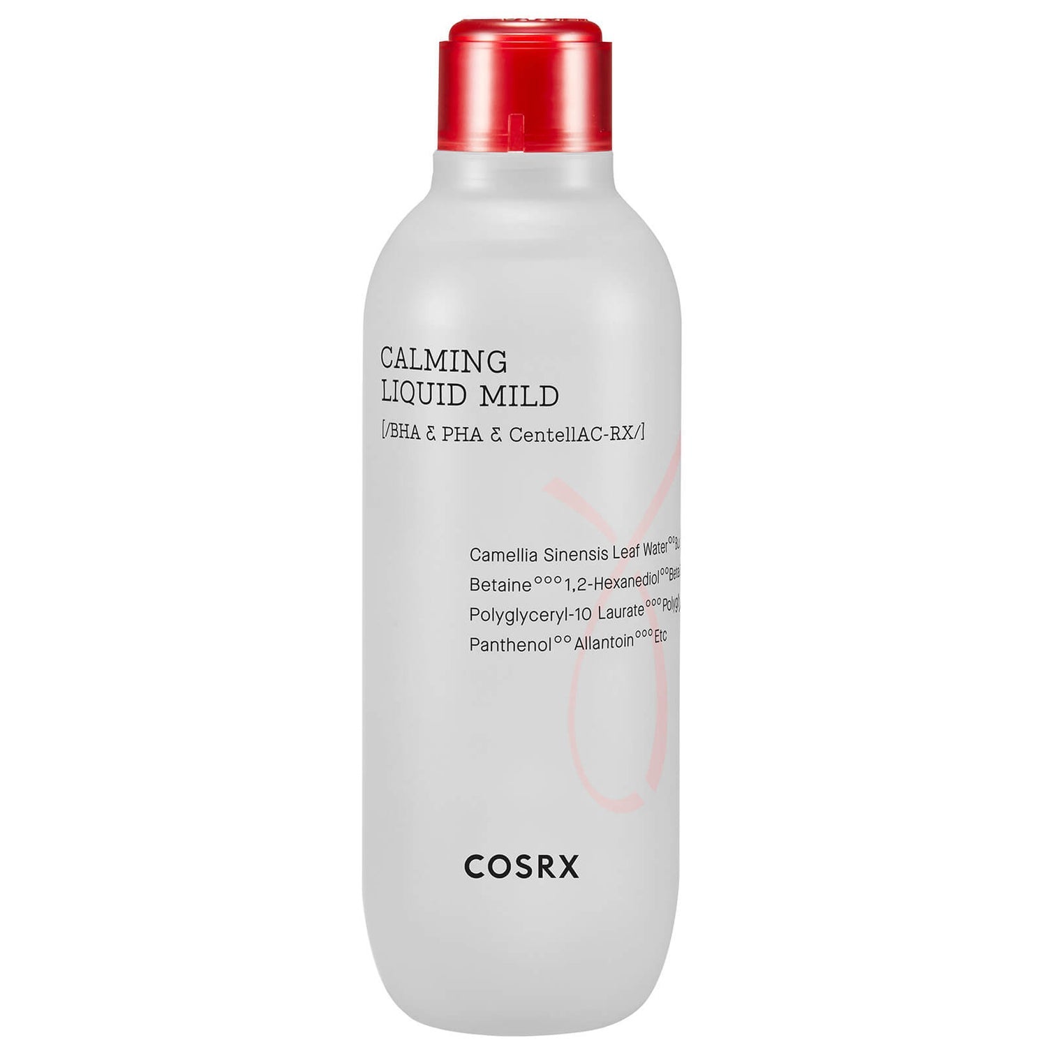 Cosrx AC Collection Calming Liquid Mild in a 125ml white bottle with pump, placed on a clean wooden surface.