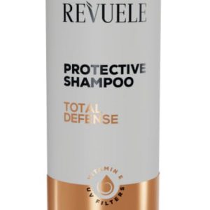 Revuele Total Defence Protective Shampoo 250ML front view, white bottle with blue and silver accents