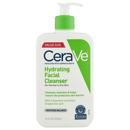 CeraVe Hydrating Cleanser 16 oz bottle with blue and white label on clean bathroom counter