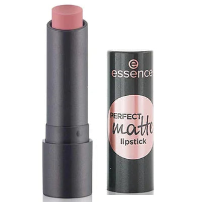 Essence Lipstick Matte No.01 in rosewood shade, sleek black tube with angled applicator