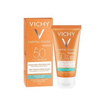 White and orange bottle of Vichy Capital Ideal Soleil SPF 50 Mattifying Face Fluid, 50ml