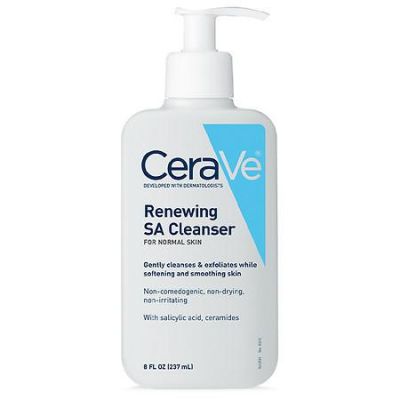 CeraVe Renewing Salicylic Acid Face Cleanser in a white and turquoise pump bottle on a clean surface