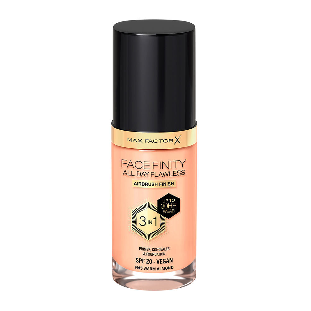 Max Factor Facefinity 3-in-1 Foundation bottle in shade Crystal B 33, with pump dispenser and elegant silver cap on white background.