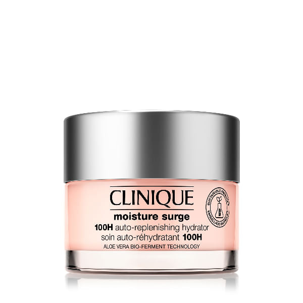 Clinique Moisture Surge 100H Auto-Replenishing Hydrator pink jar with silver lid on white background