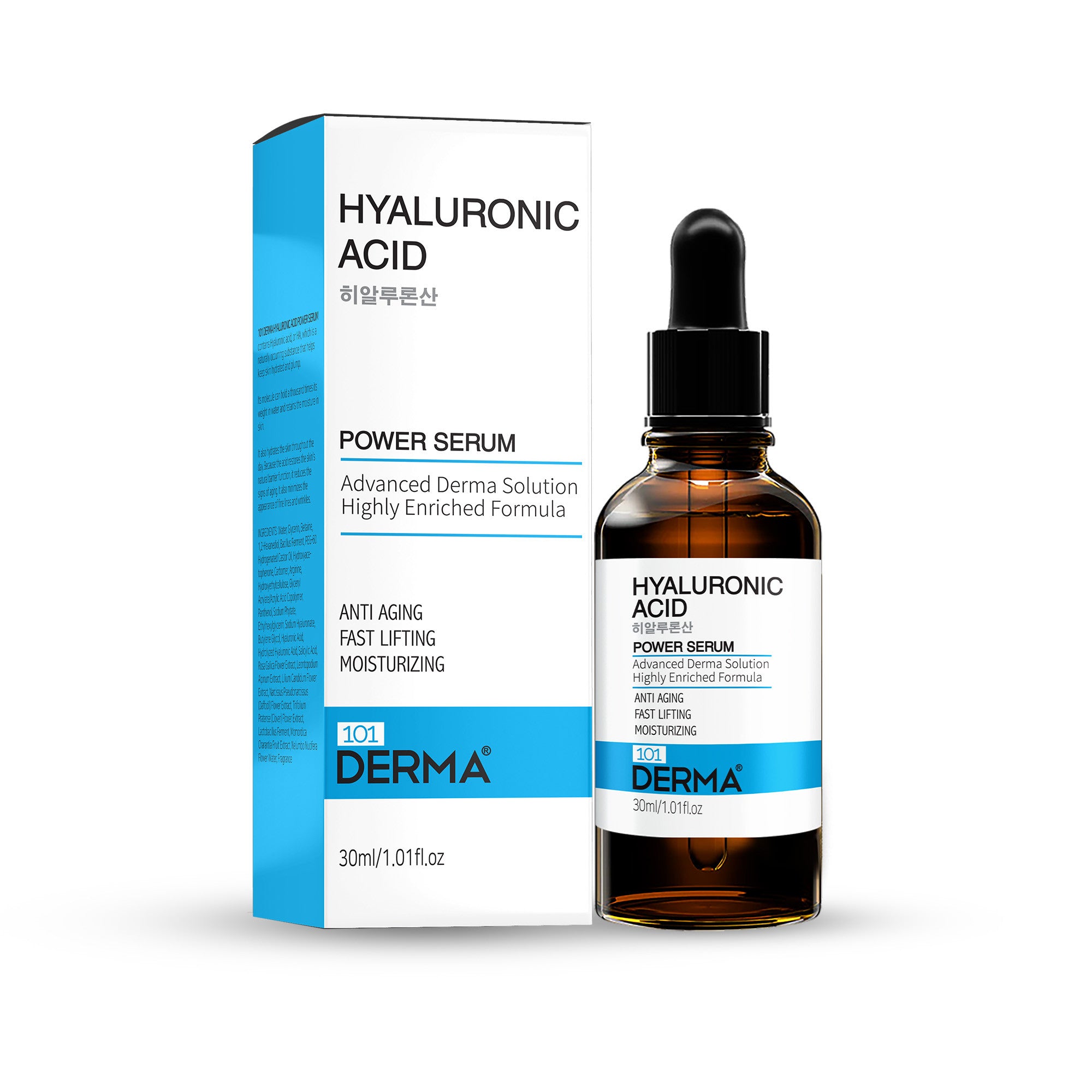 101 Derma Hyaluronic Acid Serum 30ml bottle with dropper against white background