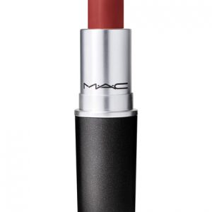 MAC Powder Kiss Lipstick No.522 in bullet form, showing the sleek black tube with colour-coded band