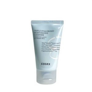 COSRX Triple Hyaluronic Moisturizing Cleanser 50ml white tube with blue cap on clean background