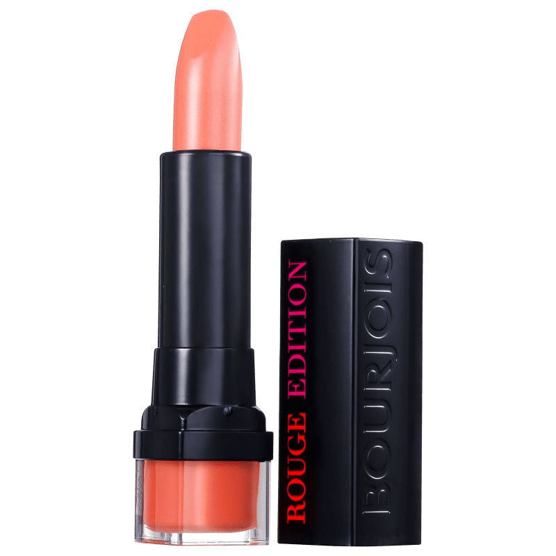 Bourjois Rouge Edition Lipstick in shade 03 Peche, a peachy pink satin lipstick with ornate gold casing