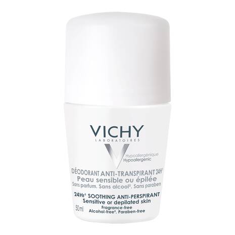 Vichy 48h Anti Perspirant Deodorant Roll On for sensitive skin, 50ml white bottle
