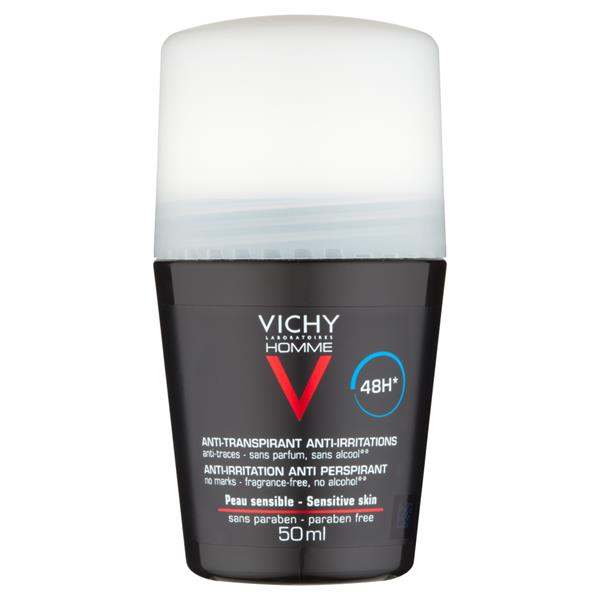 Vichy Homme Sensitive Skin 48H Deodorant Roll-On 50ml packaging front view