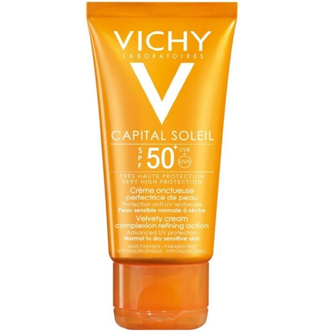 Vichy Ideal Soleil Velvety Face Cream SPF50 50ml tube on white background