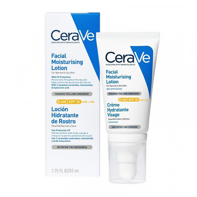 CeraVe Facial Moisturising Lotion SPF30 52ml white bottle with pump dispenser against a clean background