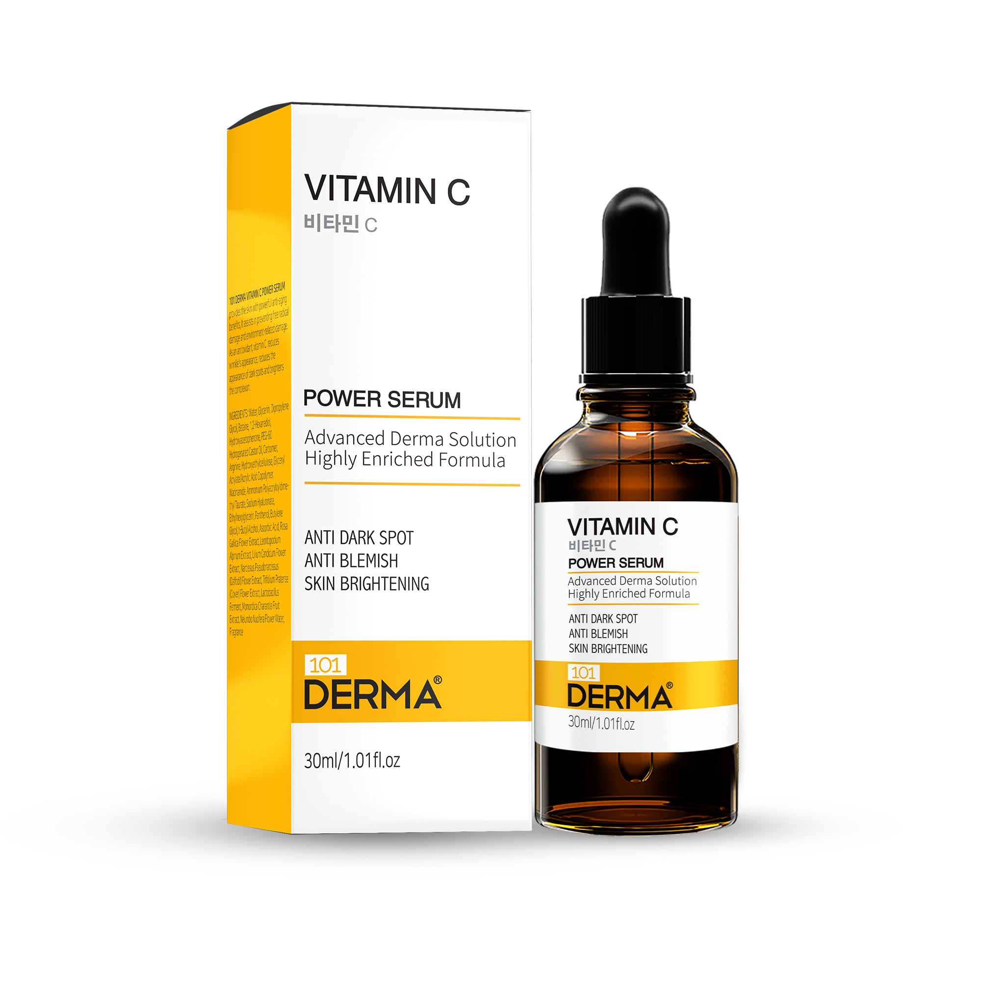 101 Derma Vitamin C Power Serum 30ml bottle with dropper, white and orange packaging