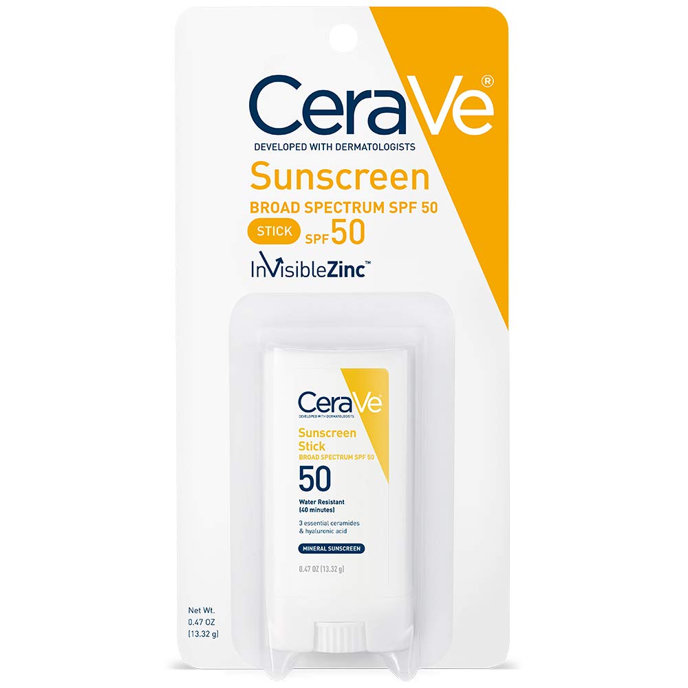CeraVe 100% Mineral Sunscreen Stick SPF 50 in a twist-up stick format with white packaging and blue accents
