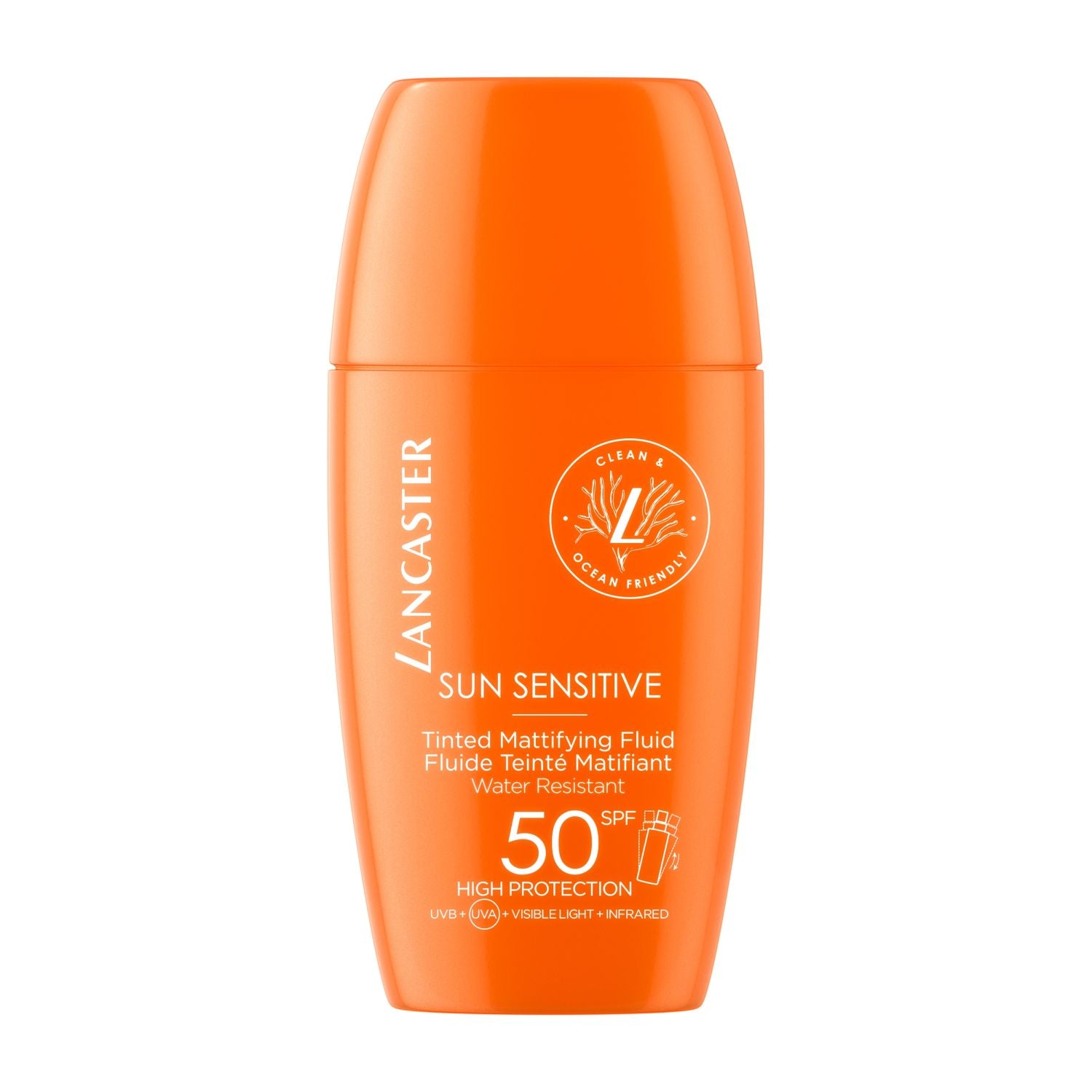 Lancaster Sun Sensitive Tinted Mattifying Fluid SPF50 30ml - white bottle with orange cap and tan accents