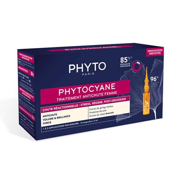 Phyto Phytocyane set of 12 glass ampoules, each 5 ml, packaged in a white and green box with botanical illustrations