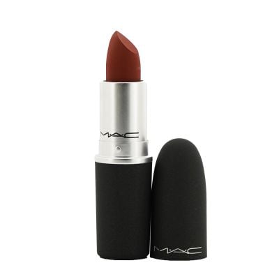 MAC Powder Kiss Lipstick 0.1 oz in shade Dubonnet Buzz, a deep berry-matte bullet in sleek black packaging