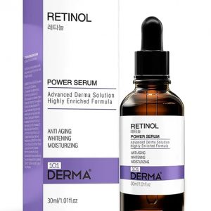 101 Derma Retinol Power Serum 30mL in a sleek white bottle with gold accents
