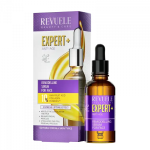 Revuele Expert+ Anti-Age Remodelling Face Serum 30ml in white and purple packaging with dropper