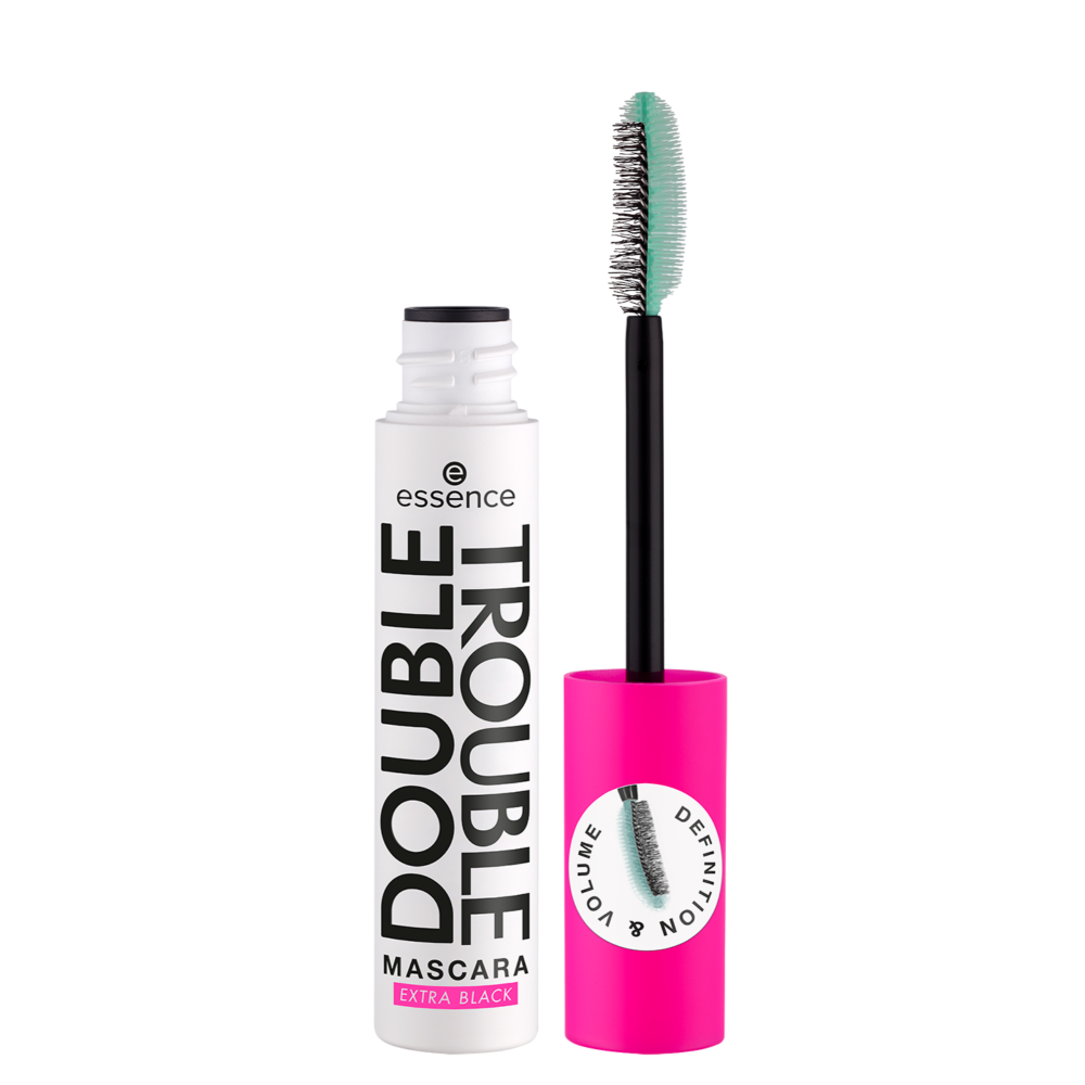 Essence Double Trouble Mascara in pink top packaging with dual-sided brush