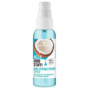 essence HELLO, GOOD STUFF! 48h FIXING SPRAY - full-size bottle with pink and white label