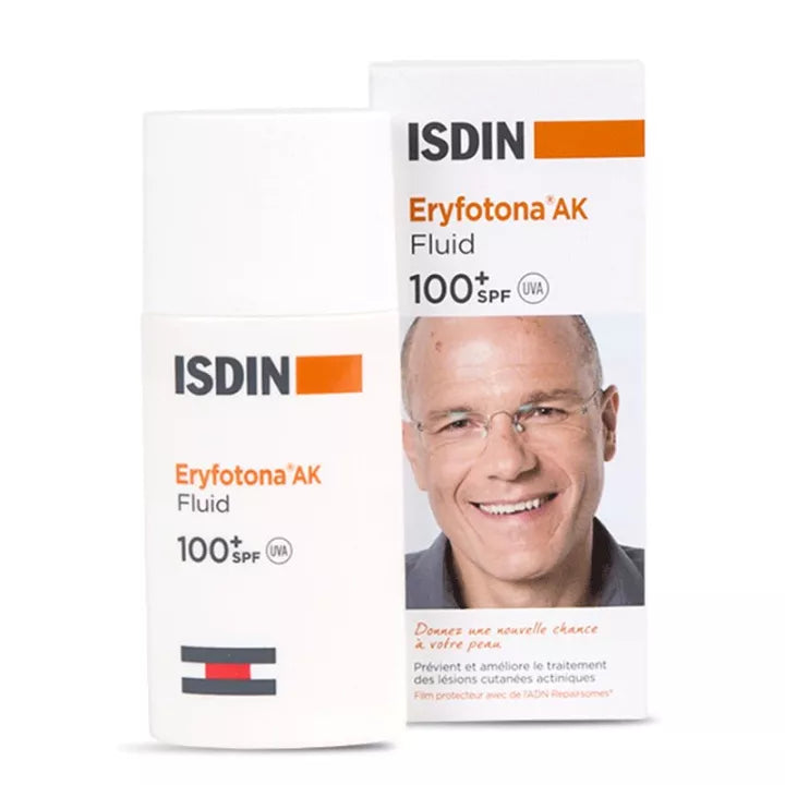 ISDIN Eryfotona AK Fluid SPF100+ 50ml white bottle with blue cap on clean background