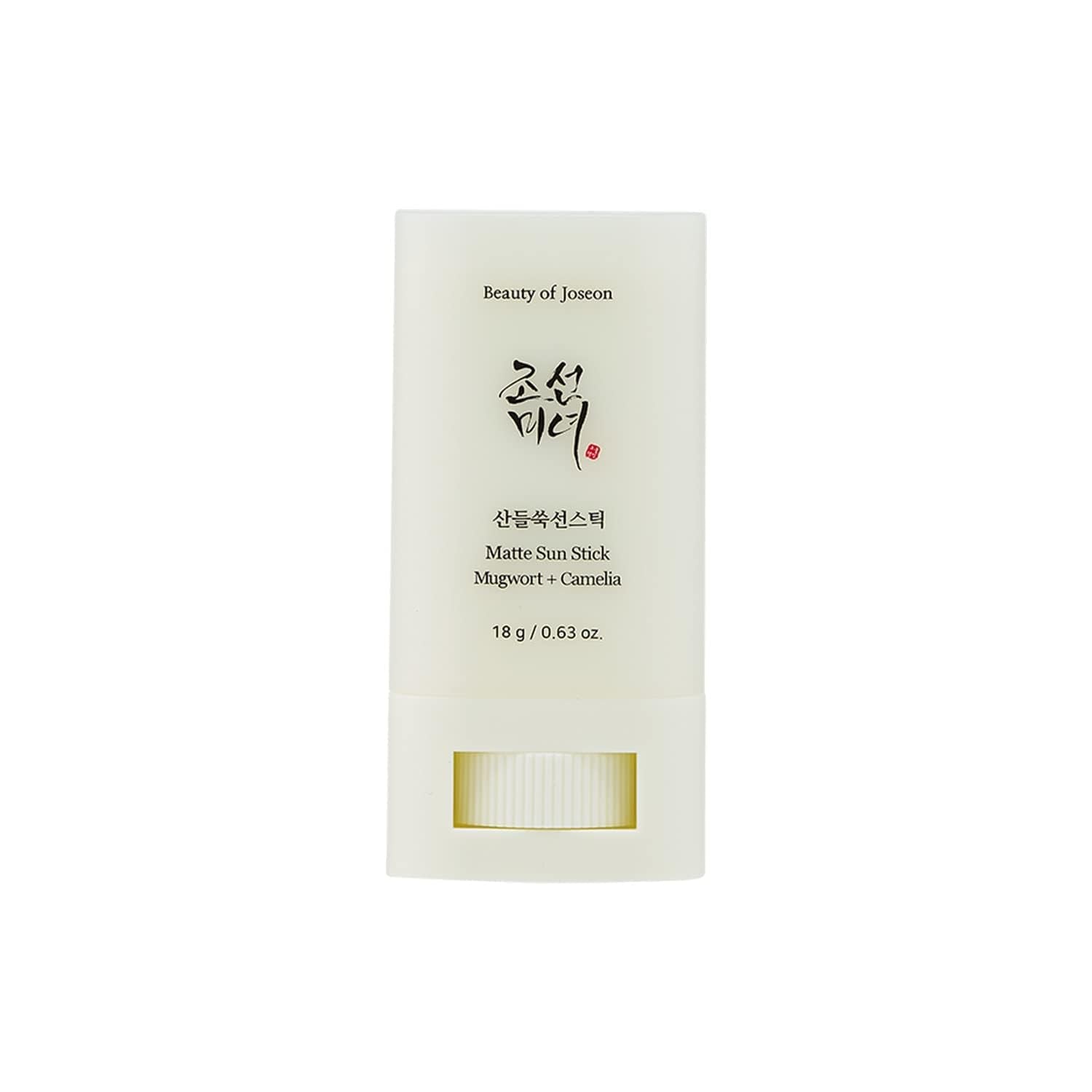 Beauty of Joseon Matte Sun Stick packaging front view with mugwort and camellia illustration