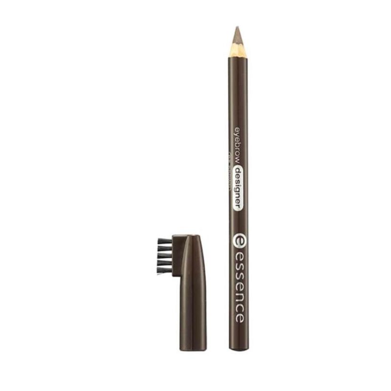 Essence Eyebrow Designer 02 Brown pencil with black cap and spoolie brush on white background