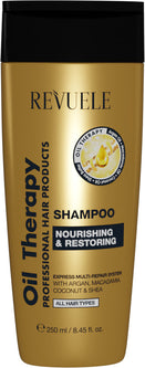 Revuele Shampoo Oil Therapy 250ml bottle, showcasing a creamy formula with nourishing oils for hair care