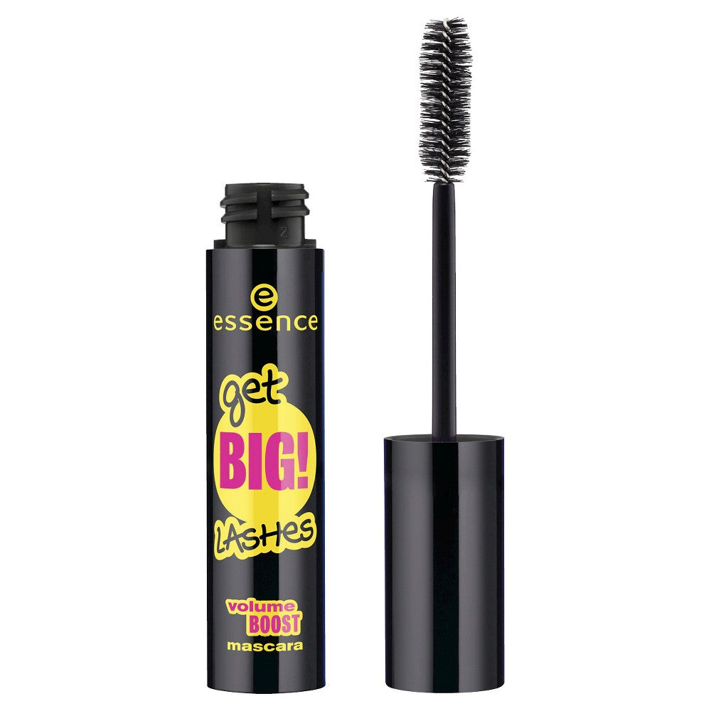 Essence Get Big Lashes Volume Boost Mascara tube with black cap and curved brush, displayed upright on a white surface