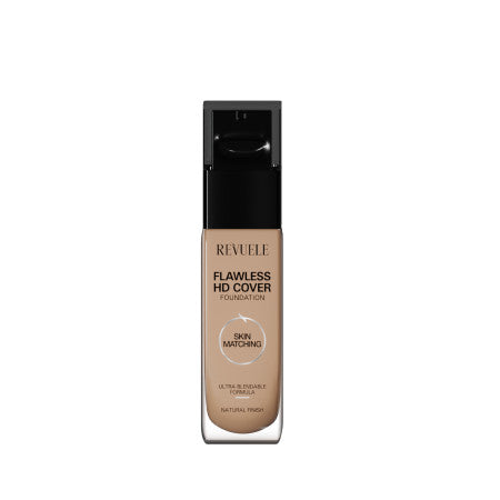 Revuele Flawless HD Cover Foundation bottle with pump in shade 02 Vanilla, white cap, minimalist design