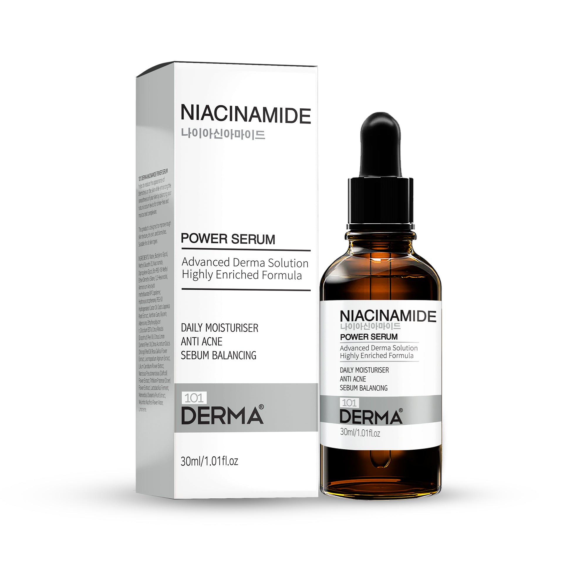 101 Derma Niacinamide Serum in a sleek white bottle with dropper, 30ml size