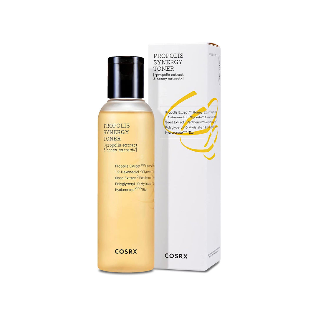 COSRX Full Fit Propolis Synergy Toner 150ml packaging front view with gold label and white cap