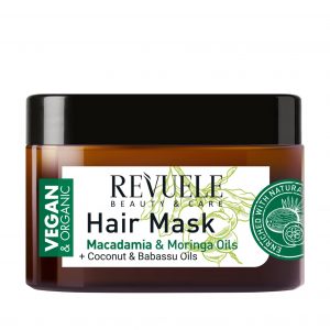 Revuele Vegan & Organic Hair Mask 360ml jar with green and white label on a clean background