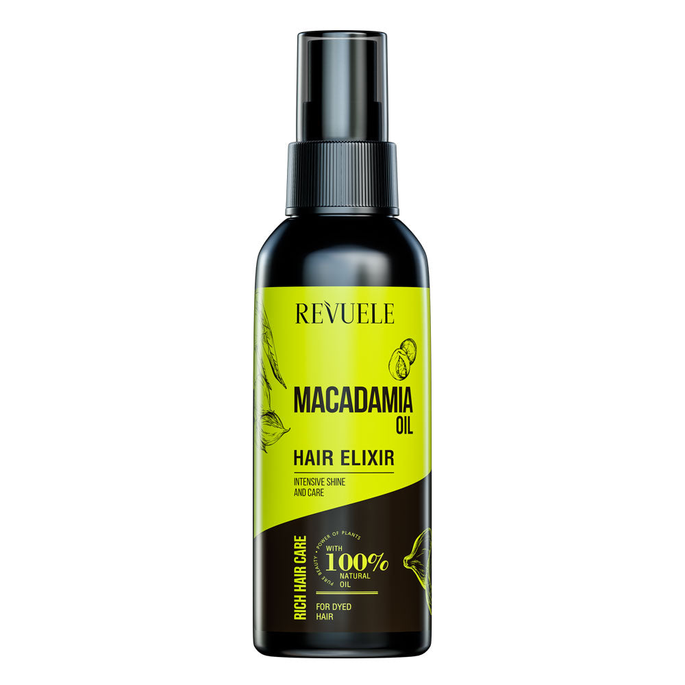 Revuele Macadamia Hair Elixir 120ml bottle, golden oil formula with macadamia nut design on label