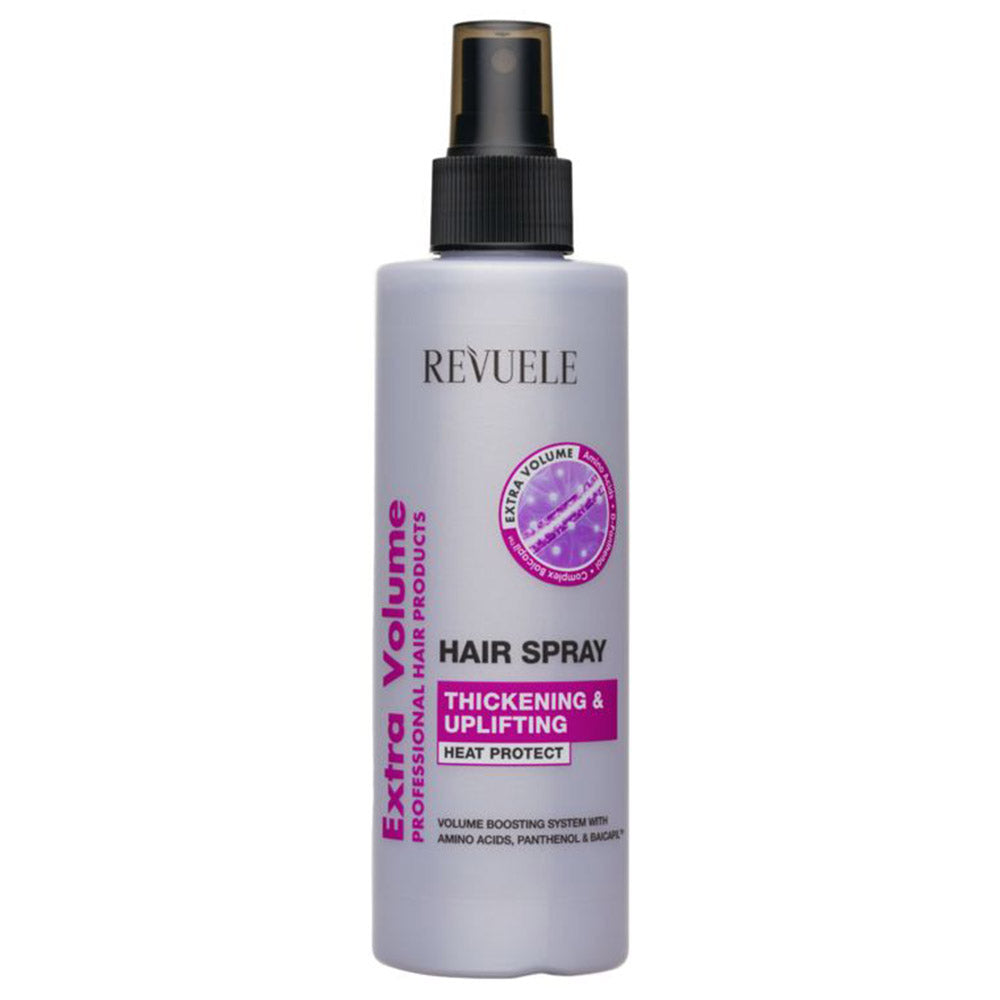 Revuele Hair Spray Extra Volume 200Ml bottle front view, purple and white packaging
