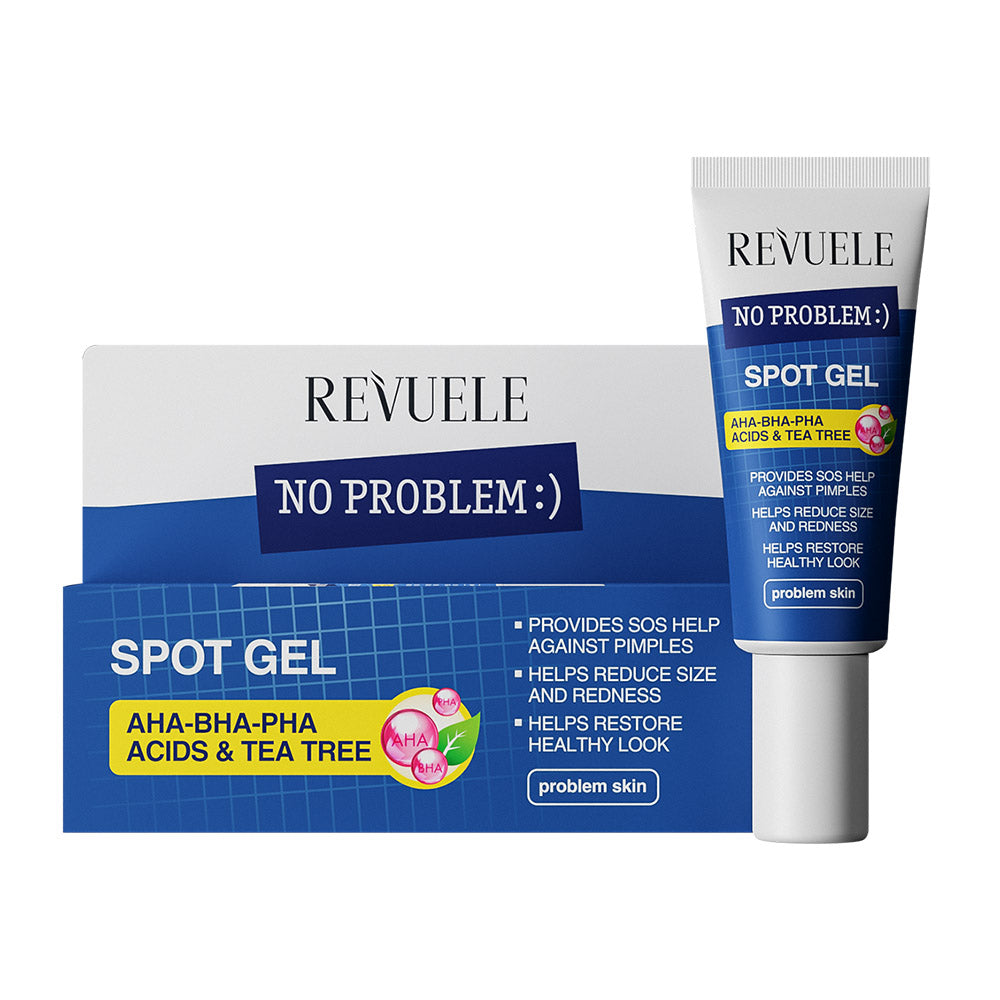 Revuele No Problem Spot Gel tube packaging front view with acids and tea tree label